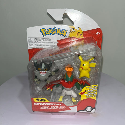 Pokemon Battle Figure Set 3-Pack - Perrserker, Hawlucha & Pikachu - Jazwares NEW